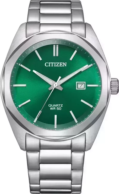 Klasyczny męski zegarek Citizen BI5110-54X z zieloną tarczą i stalową bransoletą