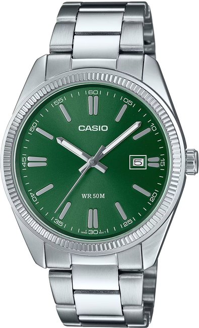 Casio Standard Analogue z zieloną tarczą i stalową bransoletą dla mężczyzny