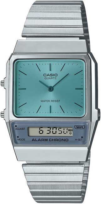 Niepowtarzalny zegarek Casio AQ-800EC-2AE dla mężczyzny z turkusową tarczą i podw&oacute;jnym czasem